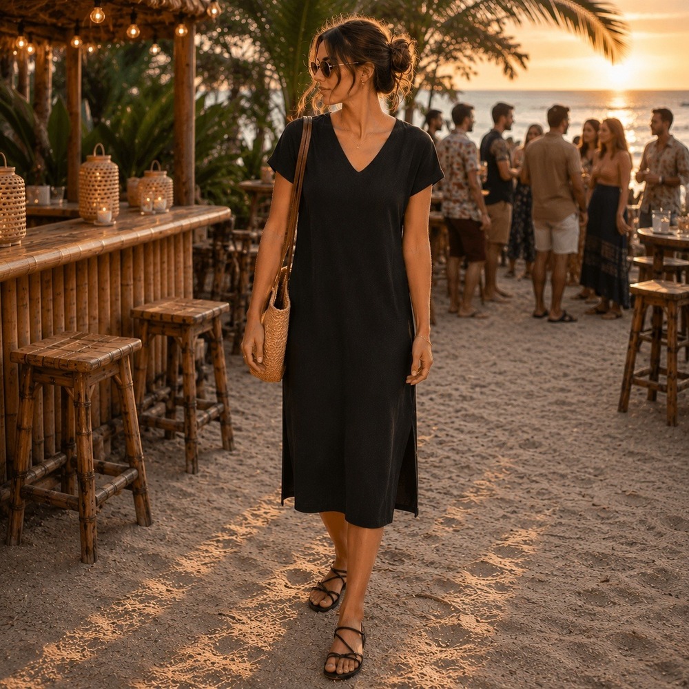 Cuyana Black Pima Modal V-Neck Midi T-Shirt Dress with Pocket Womens XS